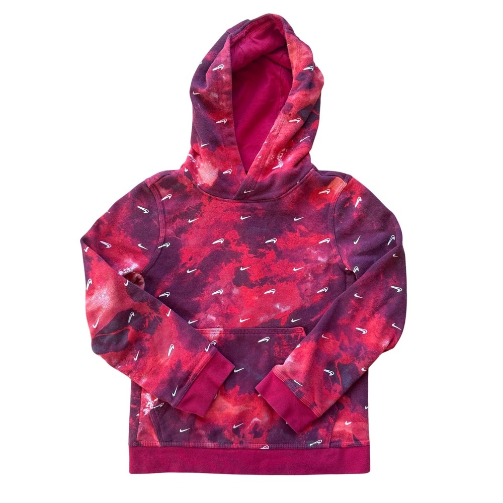 Boys Nike small Tie Dye Hoodie Red Black Mini Swoosh Pullover Sweatshirt